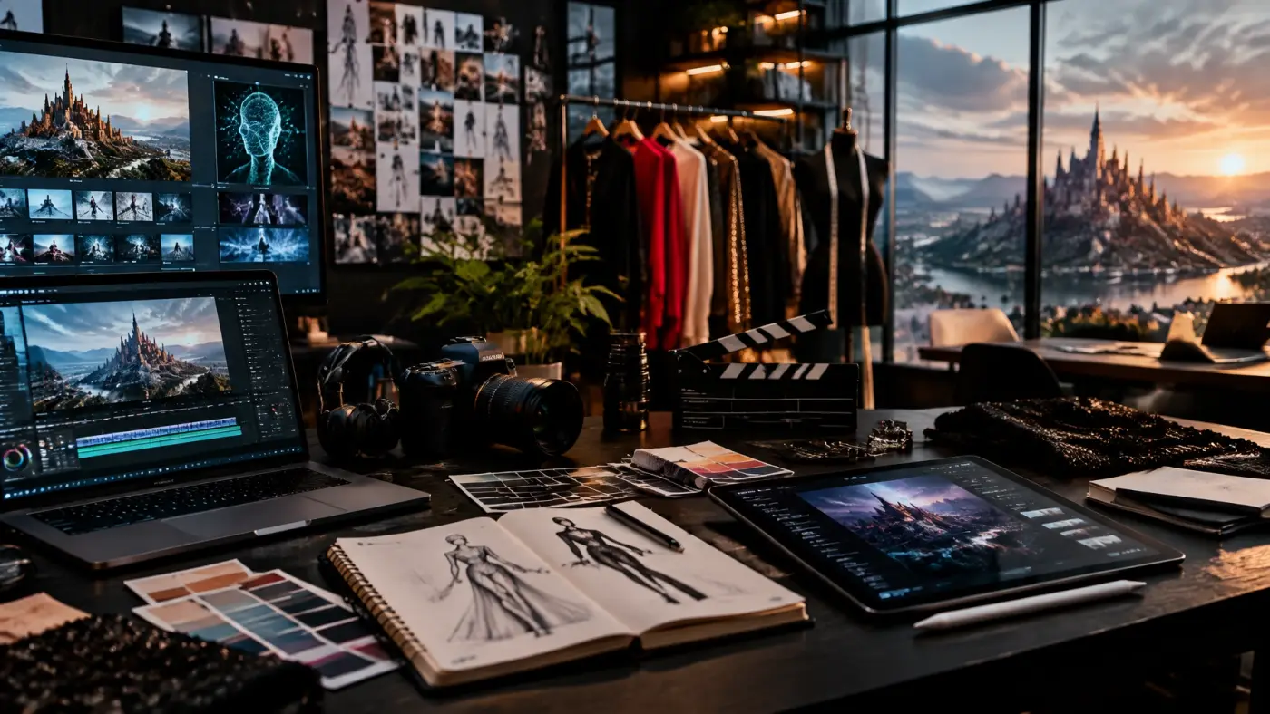 A creative studio with film monitors, fashion sketches, and digital production tools